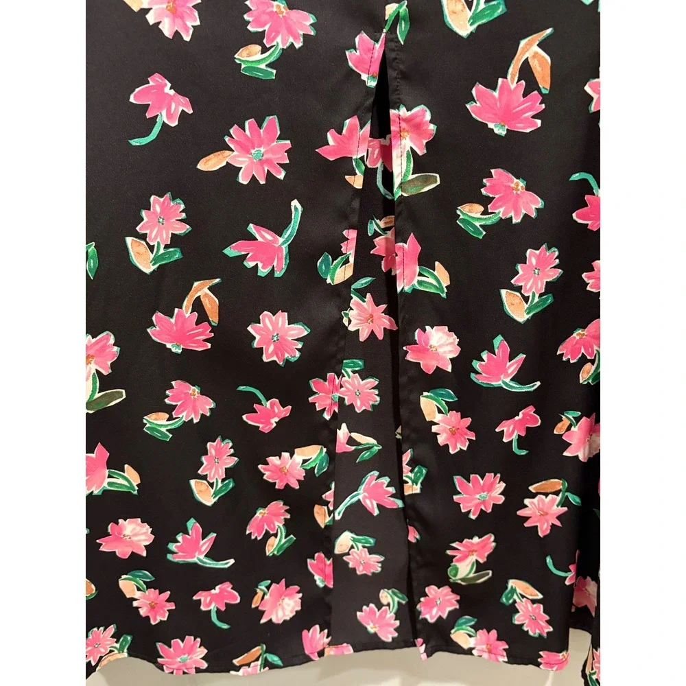 Zara Womens Floral Print Satin Midi Skirt Black Pink High Waist Slit Size Medium